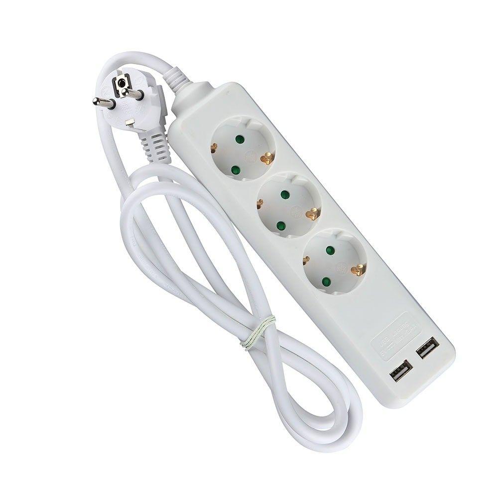 Przedłużacz mieszkaniowy 3 GN. Z portem 2xUSB, 3x1.5 X1.5M/ Biały, VTAC, SKU 8774