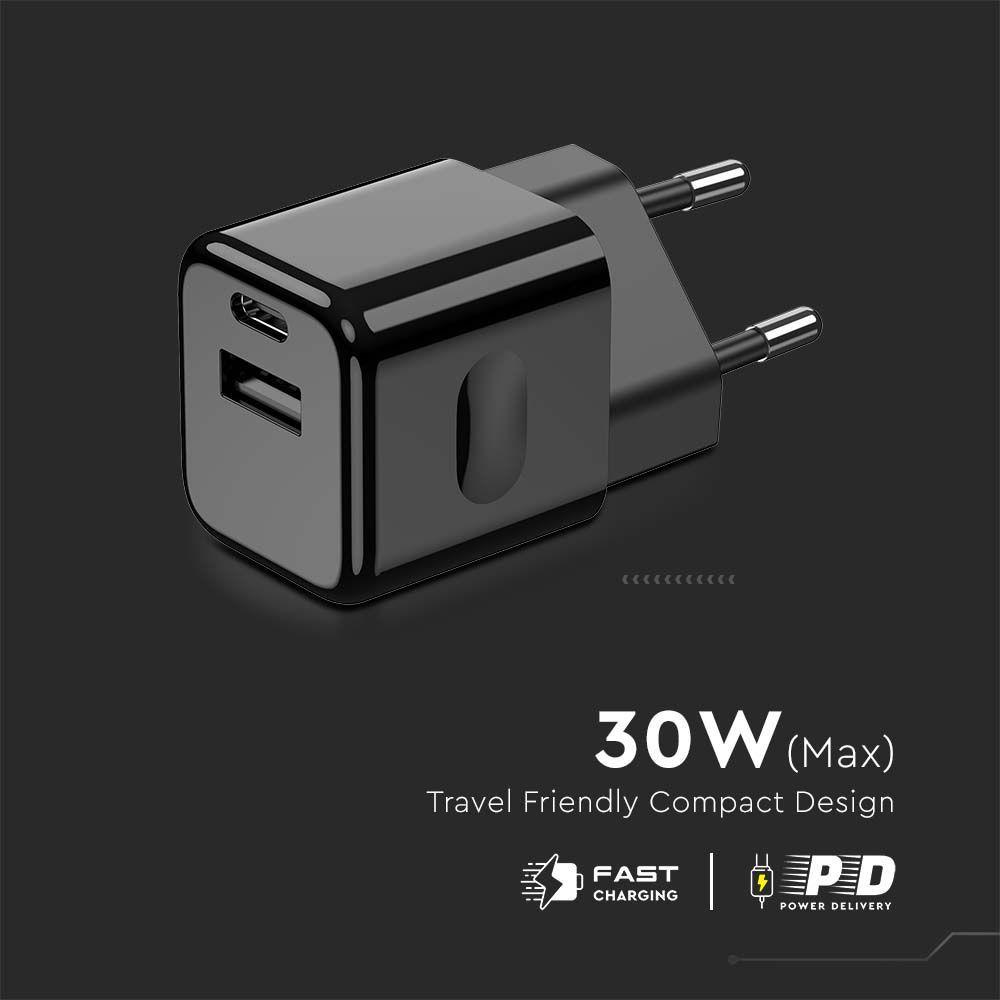 Ładowarka Sieciowa Fast Charger USB + USB C, 30W, Power Delivery, Wtyczka EU, Czarna, VTAC, SKU 6679