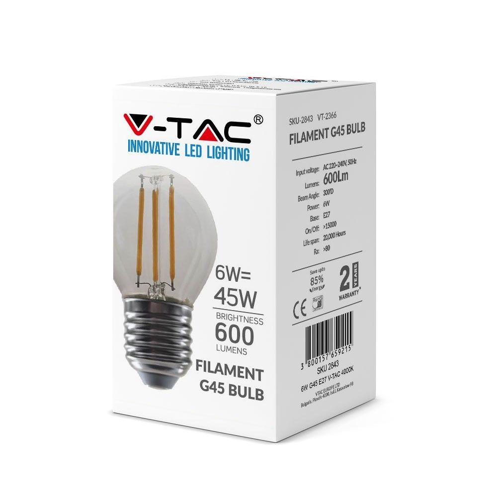 6W G45 Filament, Klosz Transparentny/ Barwa:4000K, Trzonek: E27, VTAC, SKU 2843