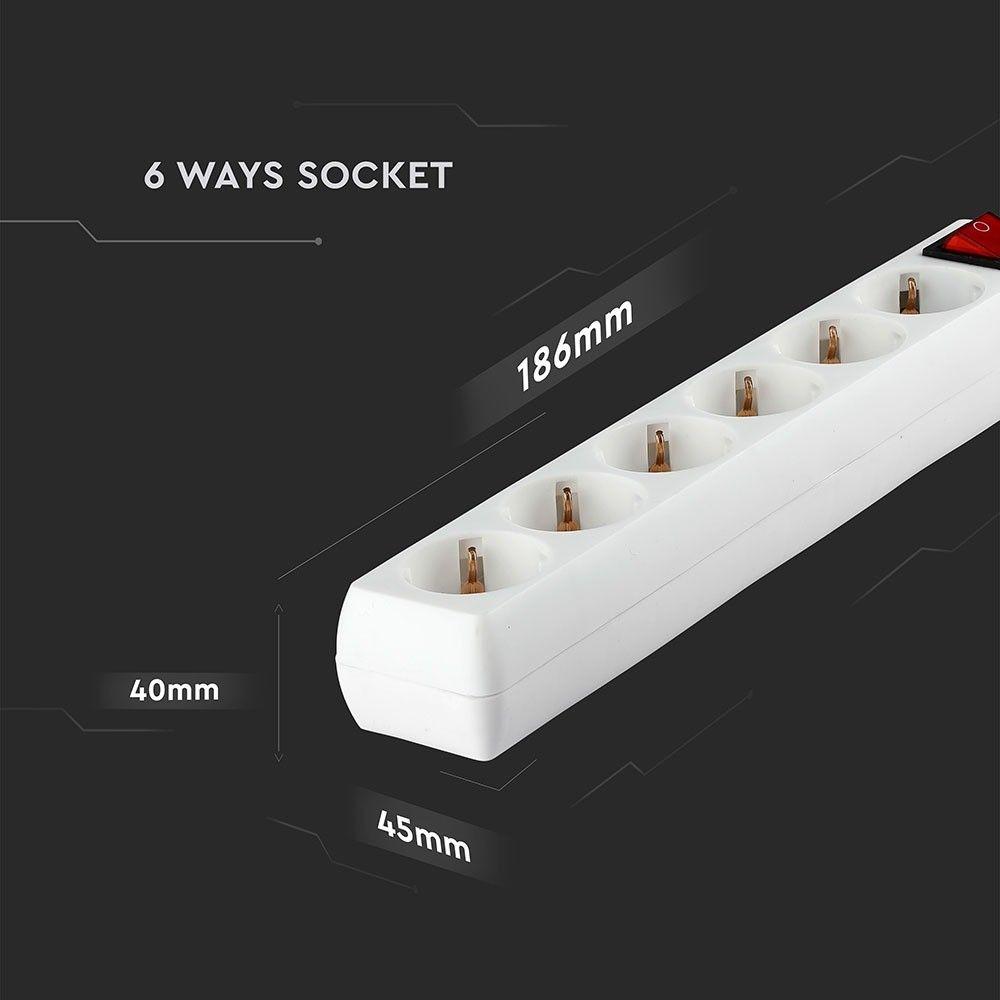 Przedłużacz mieszkaniowy z wyłącznikiem 6 GN., 3x1.5 G. X 1.5M, Biały, VTAC, SKU 8768