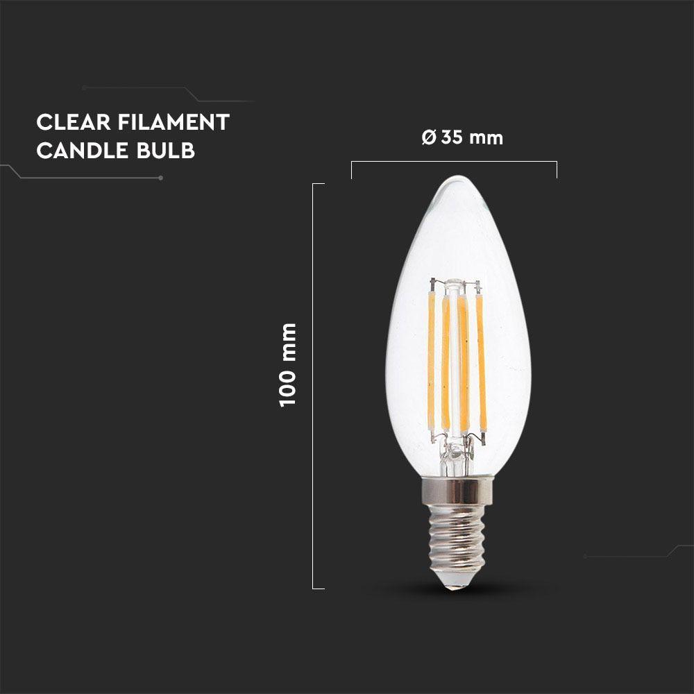 6W C35 Żarówka LED Filament, Klosz Transparentny, Barwa:3000K, Trzonek:E14, VTAC, SKU 7423