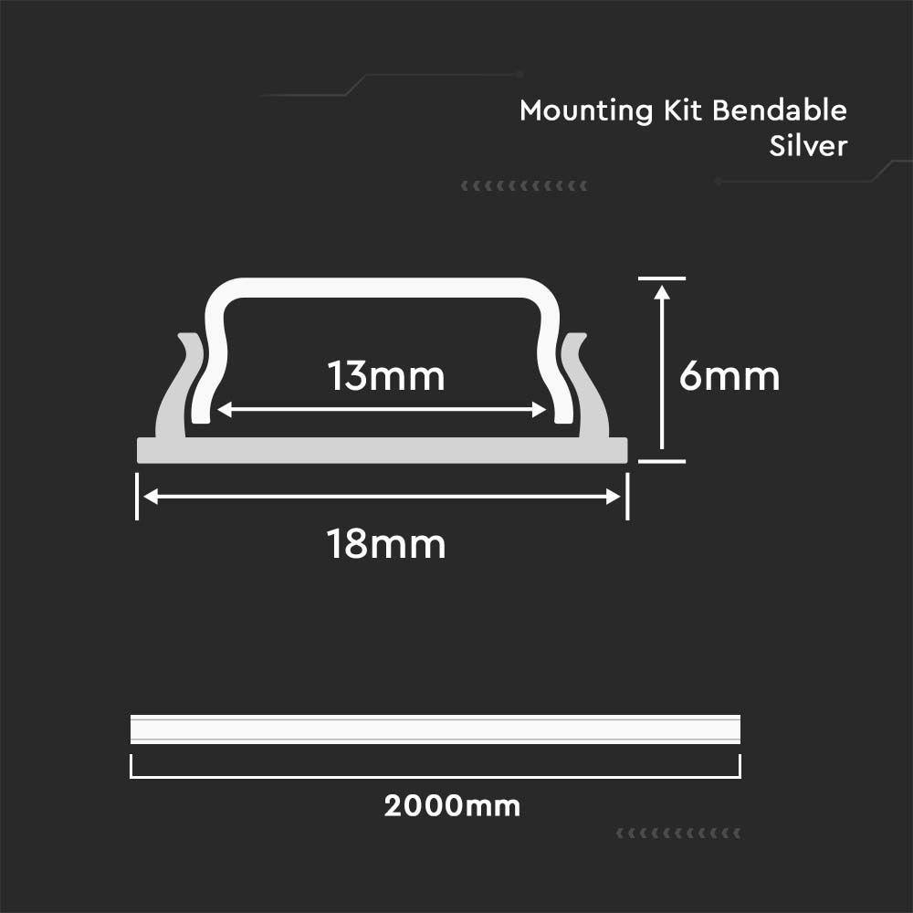 Elastyczny Profil Aluminiowy do paska LED na powierzchniowy, 2000mmx6mmx18mm, Klosz: Mleczny, Kolor: Aluminium, VTAC, SKU 2909