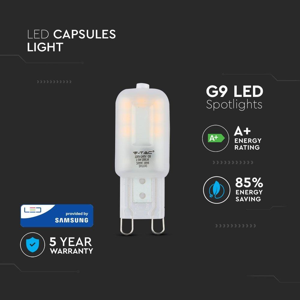 2.5W G9 Żarówka LED, Chip SAMSUNG, Barwa:6400K, Trzonek:G9, VTAC, SKU 245