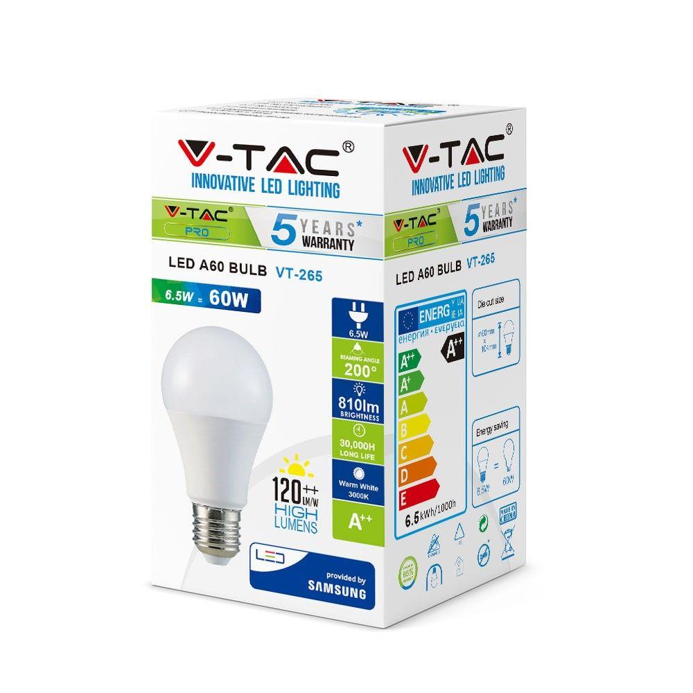 VT-265 6.5W A60 PLASTIC BULB SAMSUNG CHIP 3000K E27 A++