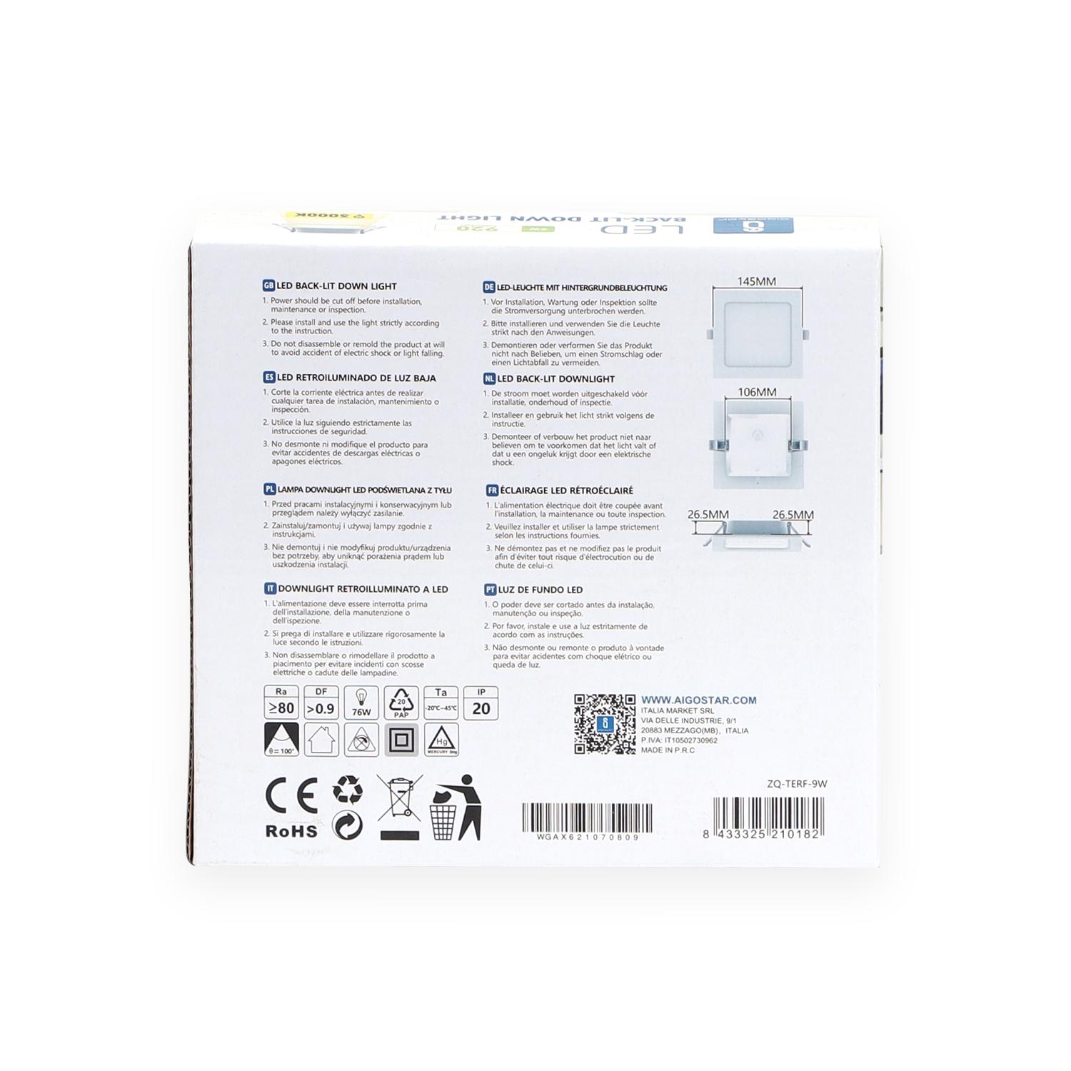 Podtynkowy kwadratowy downlight LED 9W 3000K