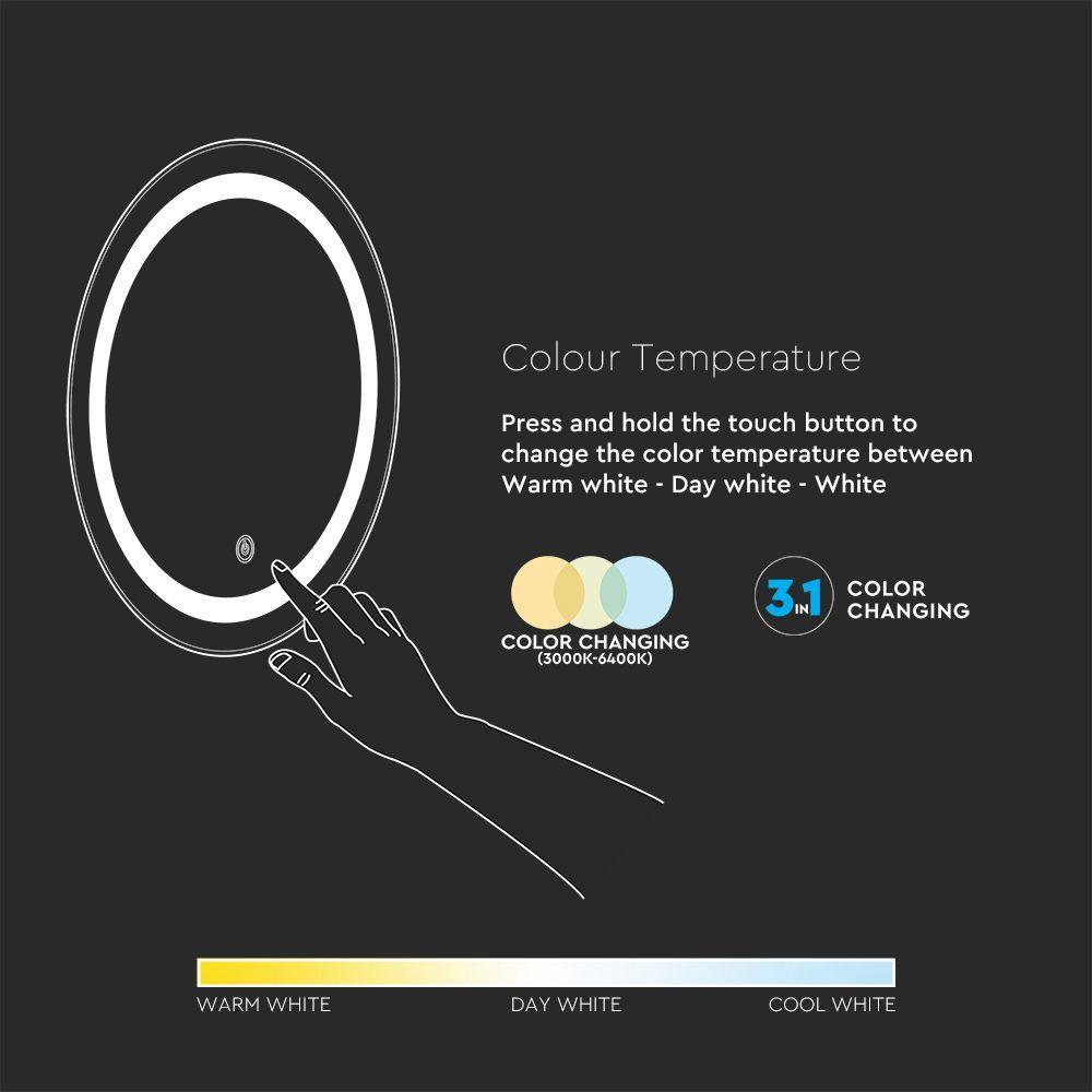 25W Lustro z podświetleniem LED z wyłącznikiem, Anti fog, Barwa: 3w1, Wymiary: 600x600mm, VTAC, SKU 2140491