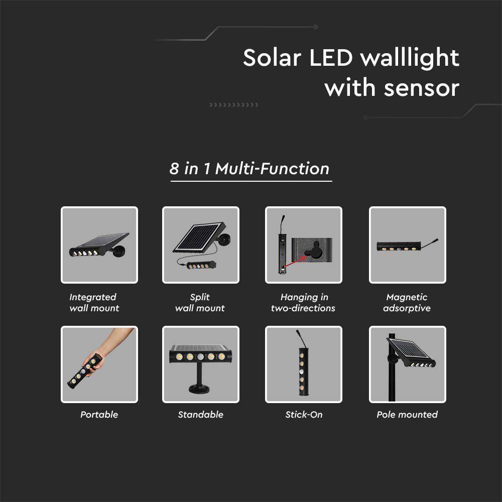 8W Solarny Naświetlacz LED z czujnikiem ruchu, Barwa:3000K, Obudowa: Czarna, IP65, VTAC, SKU 6844