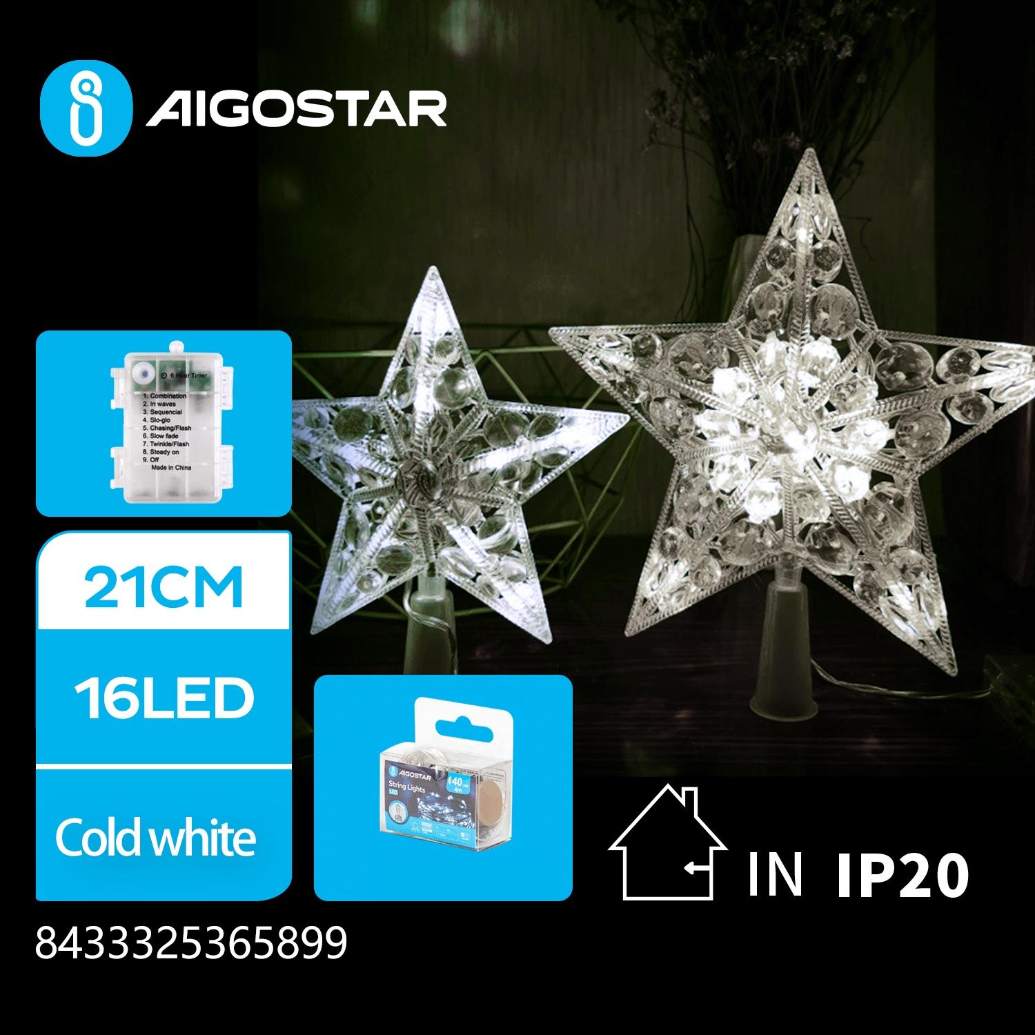 3AA Battery String Lights-21CM treetop star-Cool White-16LED-transparent wire-ON/OFF/blinkIP20