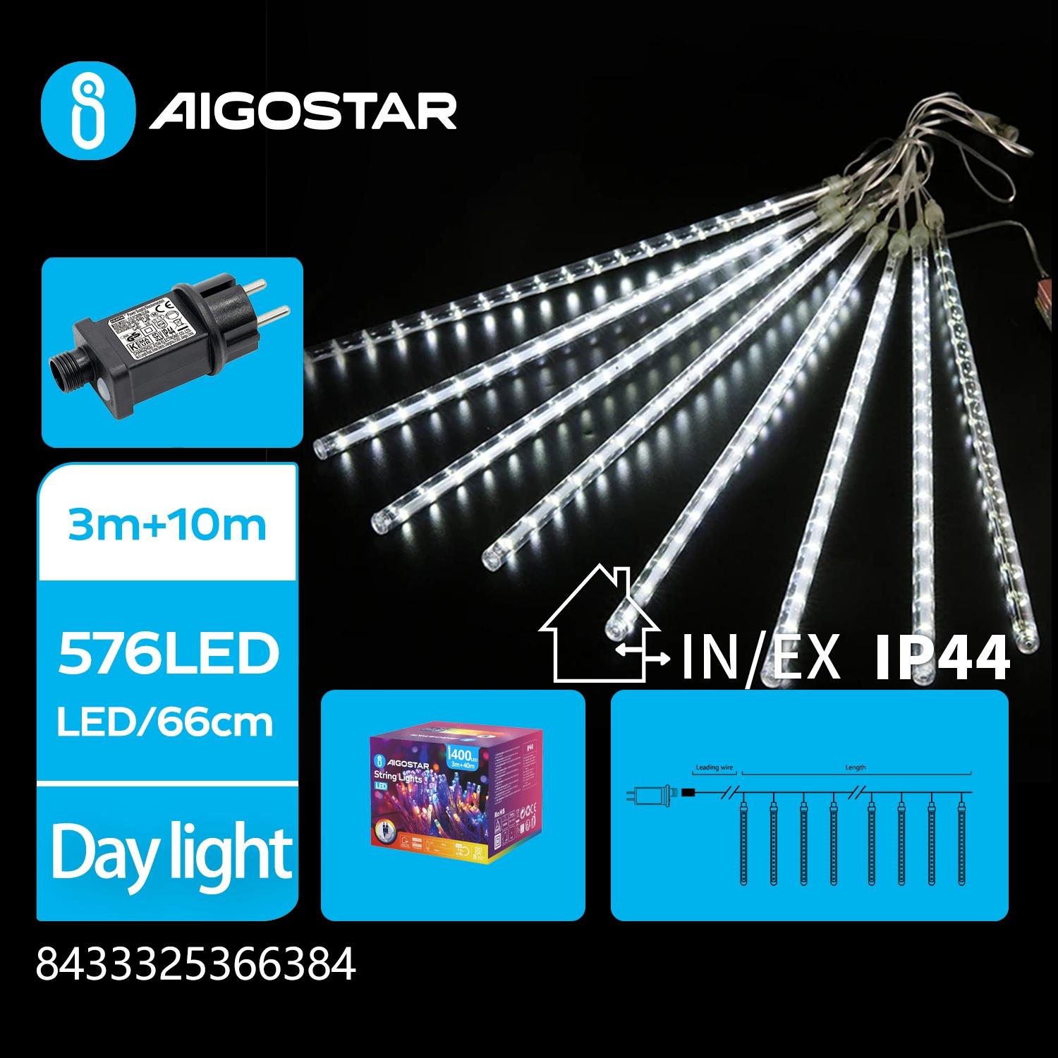 Low Voltage Meteor Shower String Lights 50cm-Cool White-3M+10M-576LED-16strings-transparent wire-Time+IP44