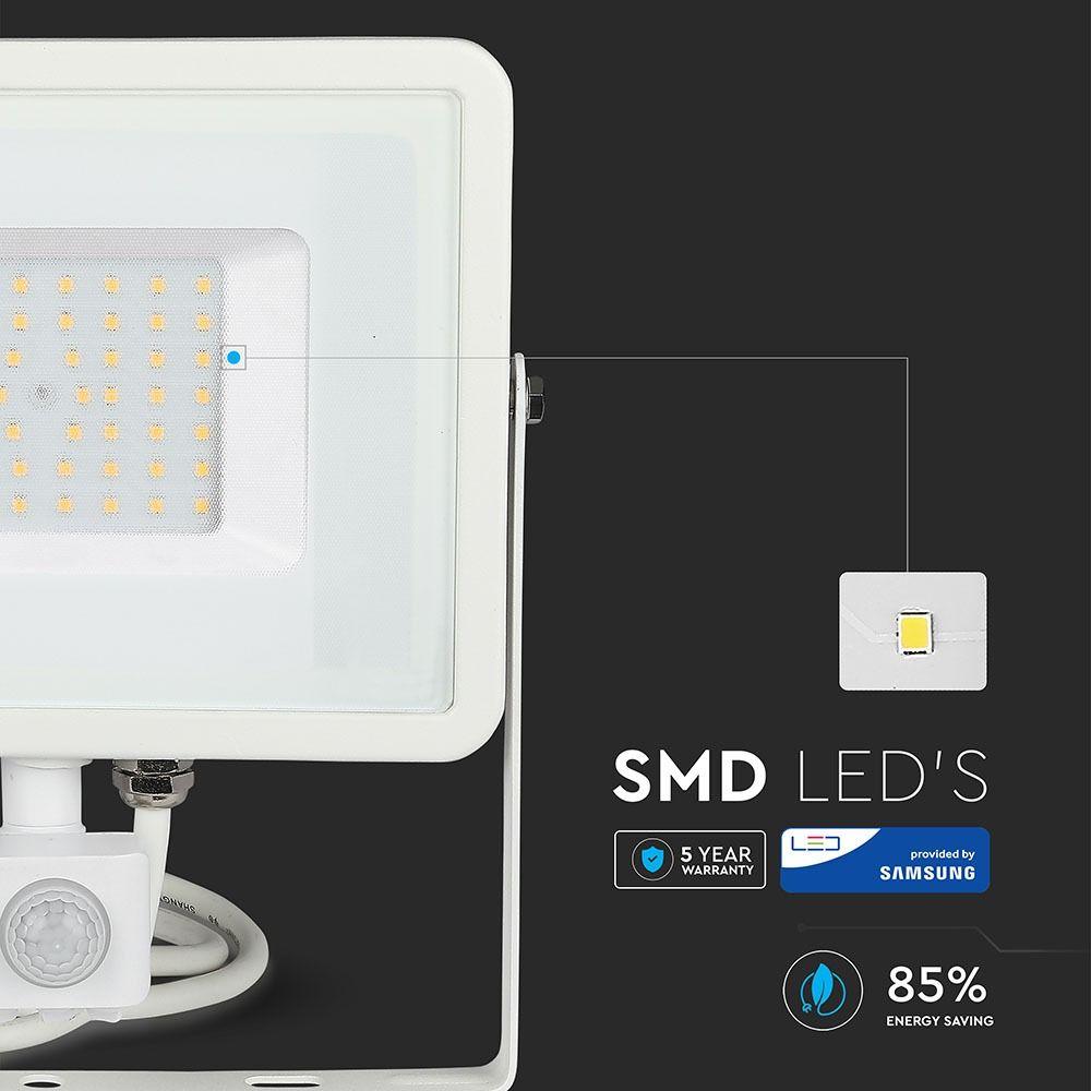 50W Naświetlacz LED SMD z czujnikiem ruchu, Chip SAMSUNG, Barwa:4000K, Obudowa: Biała , VTAC, SKU 467