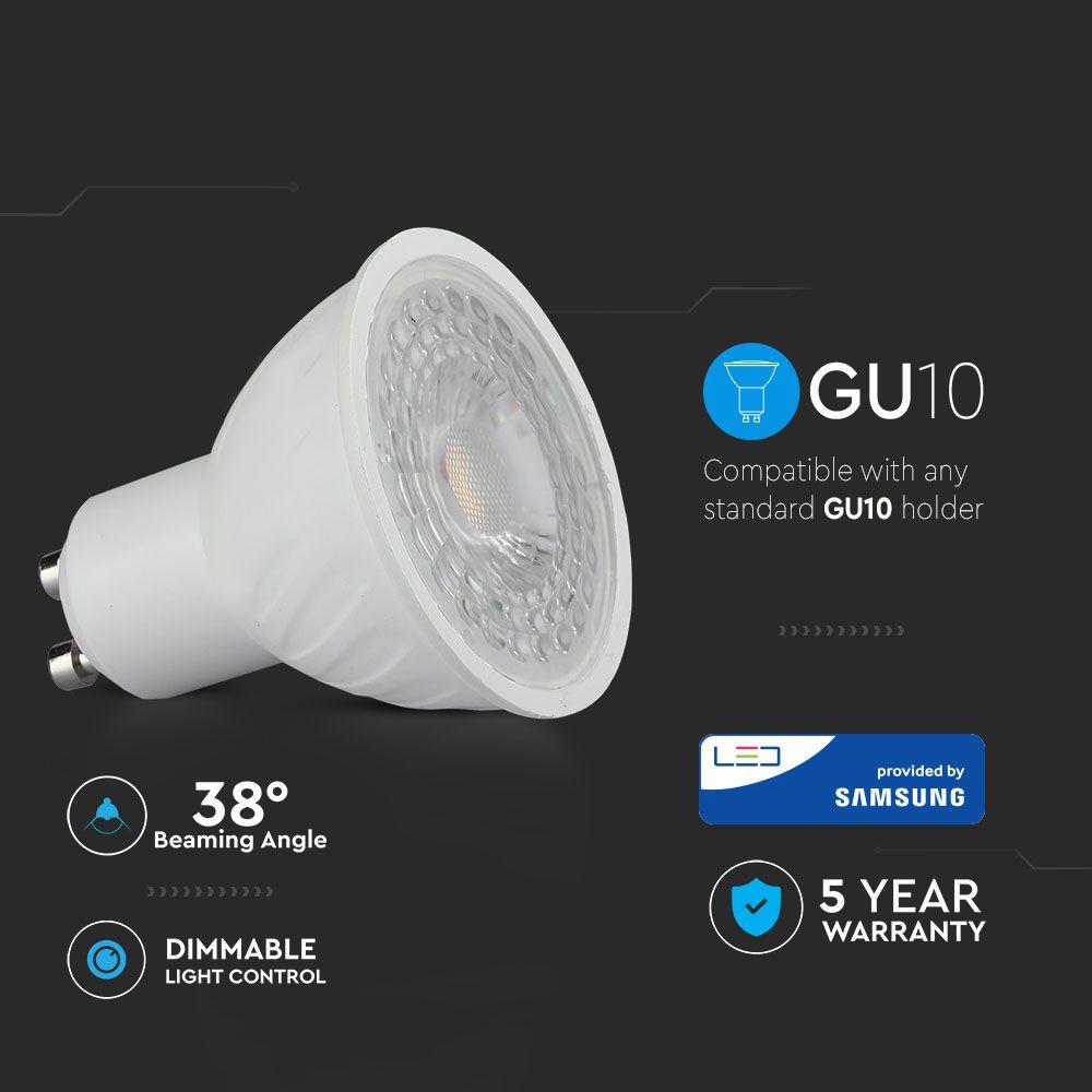 6.5W GU10 Żarówka LED, Chip SAMSUNG, Barwa:6400K, Kąt 38', Ściemniana, Trzonek:GU10, VTAC, SKU 197