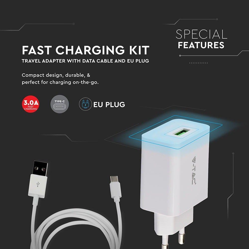 Ładowarka Sieciowa USB typ: C, DC:5V-3.0A, 9V-2.0A, 12V-1.5A, Biały, VTAC, SKU 8643