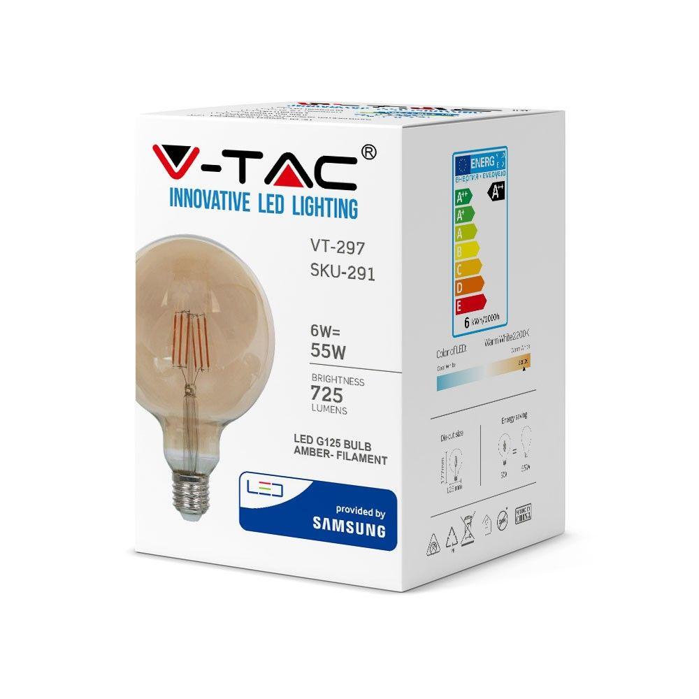 VT-297 6W G125 LED FILAMENT BULB AMBER GLASS SAMSUNG CHIP 2200K E27