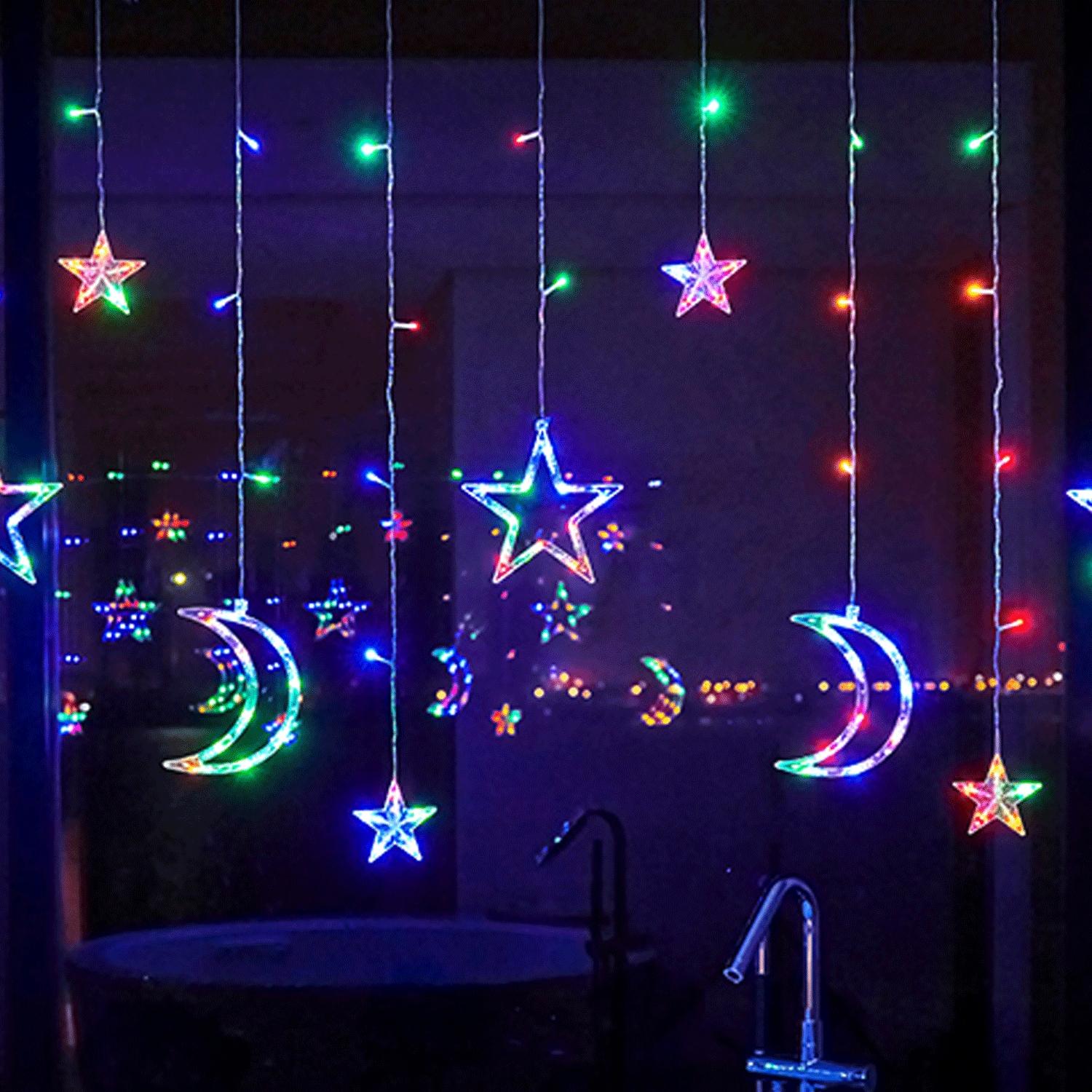 Solar Icicle (Wave) Flat String Lights star and moon pendant-RGBY-3M+3M*0.6M-120LED-12string 60.50.30-transparent wire-8blinkIP44