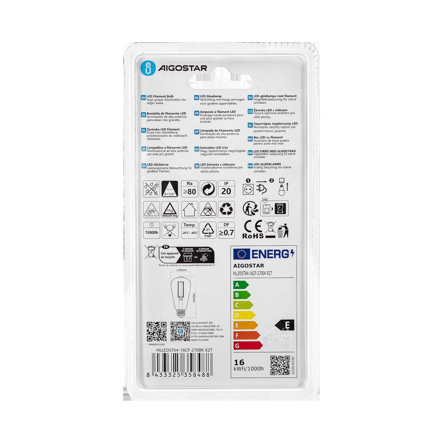 LED Filament Bulb (Clear) ST64 E27 16W