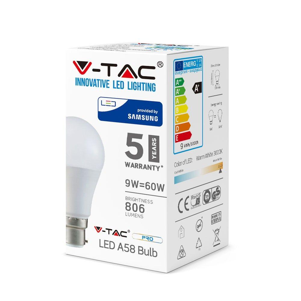 9W A58 Żarówka LED, Chip SAMSUNG, Barwa:4000K, Trzonek:B22, VTAC, SKU 850