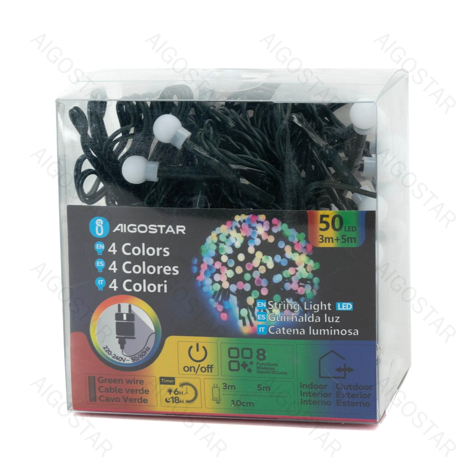 Low Voltage Firecracker String Lights-RGBY-3M+5M-50LED-10CM/LED-green black wire-8blink+time+IP44