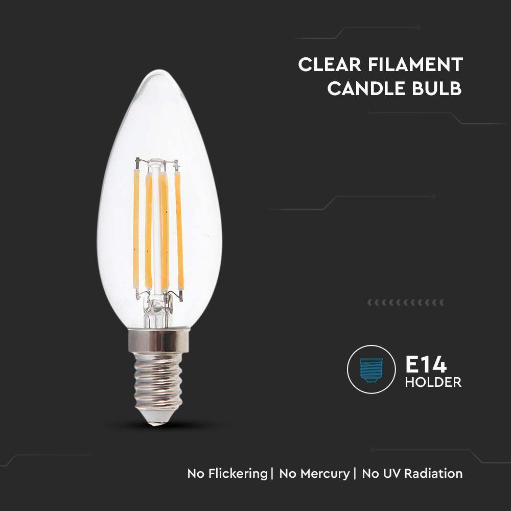 6W C35 Filament, Klosz Transparentny/ Barwa:6500K, Trzonek: E14, Skuteczność: 130lm/W, VTAC, SKU 212850