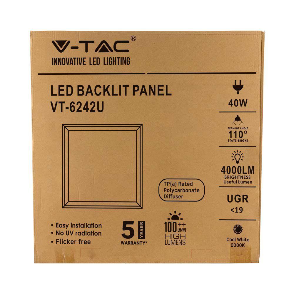 40W Panel LED 600x600mm, Zasilacz LIFUD, Barwa:6000K, UGR 19, 5 Lat gwarancji, Opakowanie: 6szt., VTAC, SKU 216778