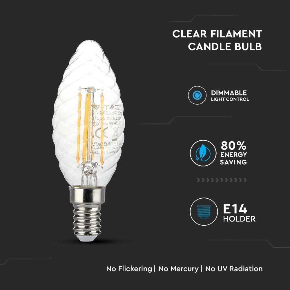 4W LED Twist C35 Żarówka LED Filament, Barwa:2700K, Ściemniana, Trzonek:E14, VTAC, SKU 4367