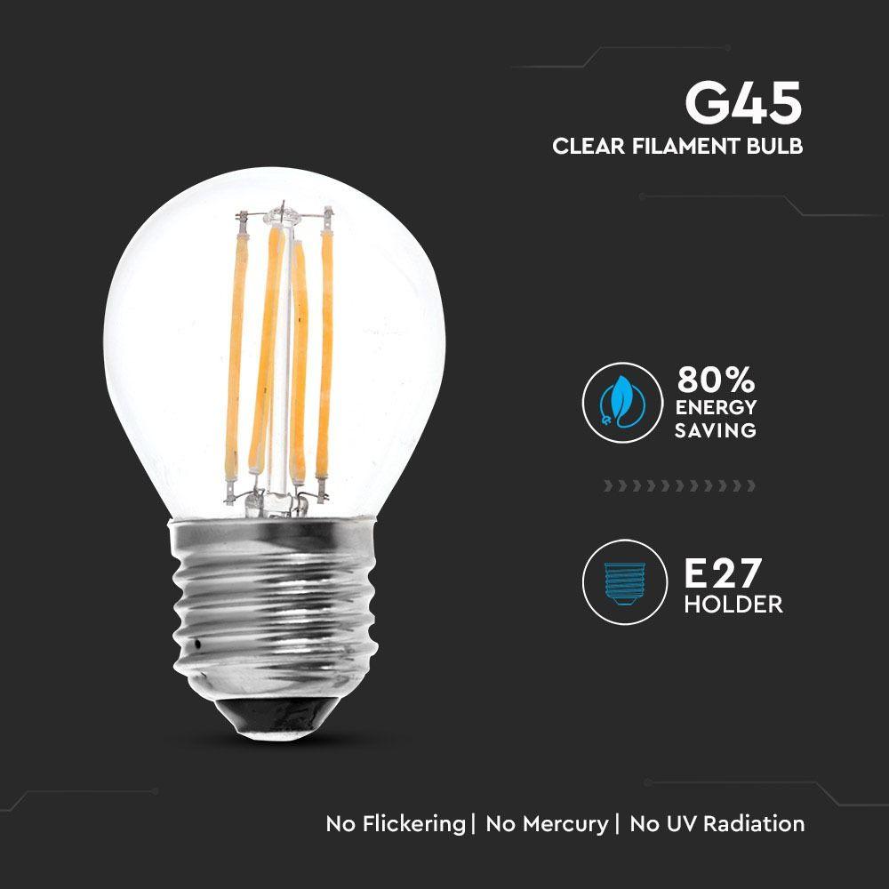 4W G45 Żarówka LED Filament, Klosz Transparentny, Barwa:2700K, Trzonek:E27, Ściemniana, VTAC, SKU 4395