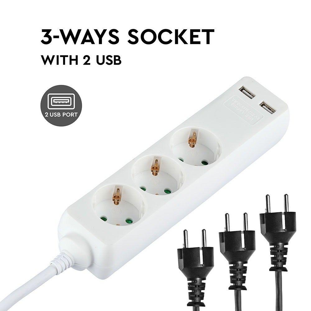 Przedłużacz mieszkaniowy 3 GN. Z portem 2xUSB, 3x1.5 X 5M/ Biały, VTAC, SKU 8775