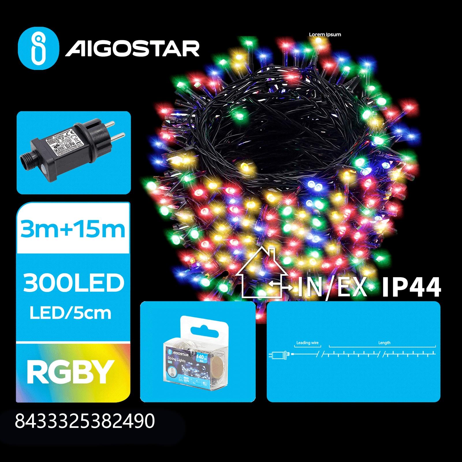 Low Voltage Flat String Lights-RGBY-3M+15M-300LED-5CM/LED-green black wire-8blink+time+IP44