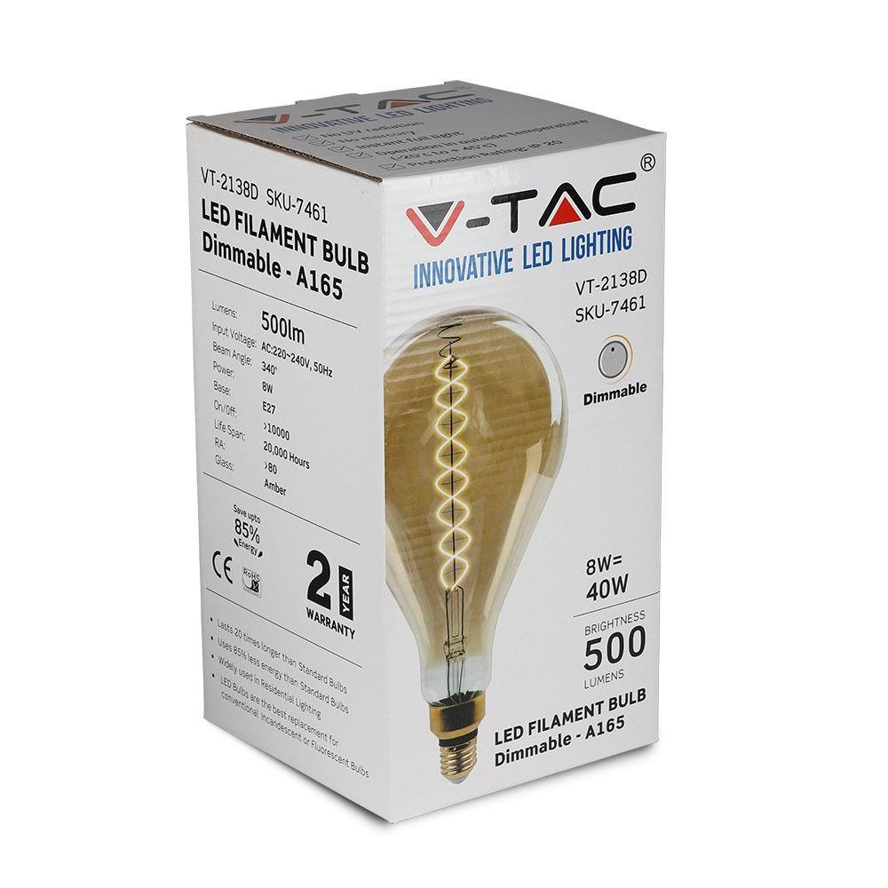 8W A165 Żarówka LED Filament, Barwa:2000K, Ściemniana, Trzonek:E27, VTAC, SKU 7461