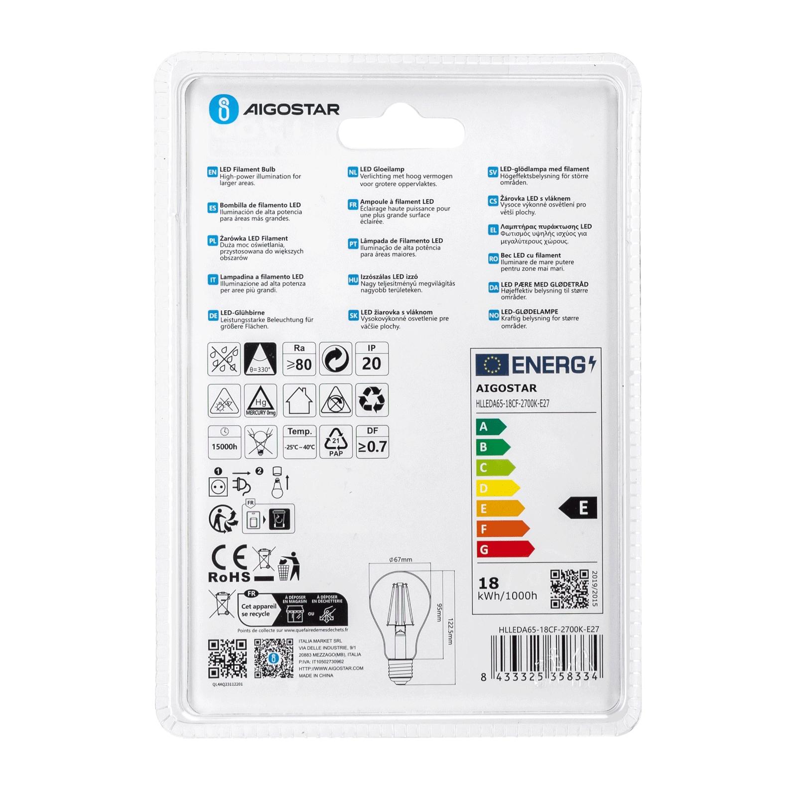 Żarówka LED Filament (Przezroczysta) A65 E27 18W