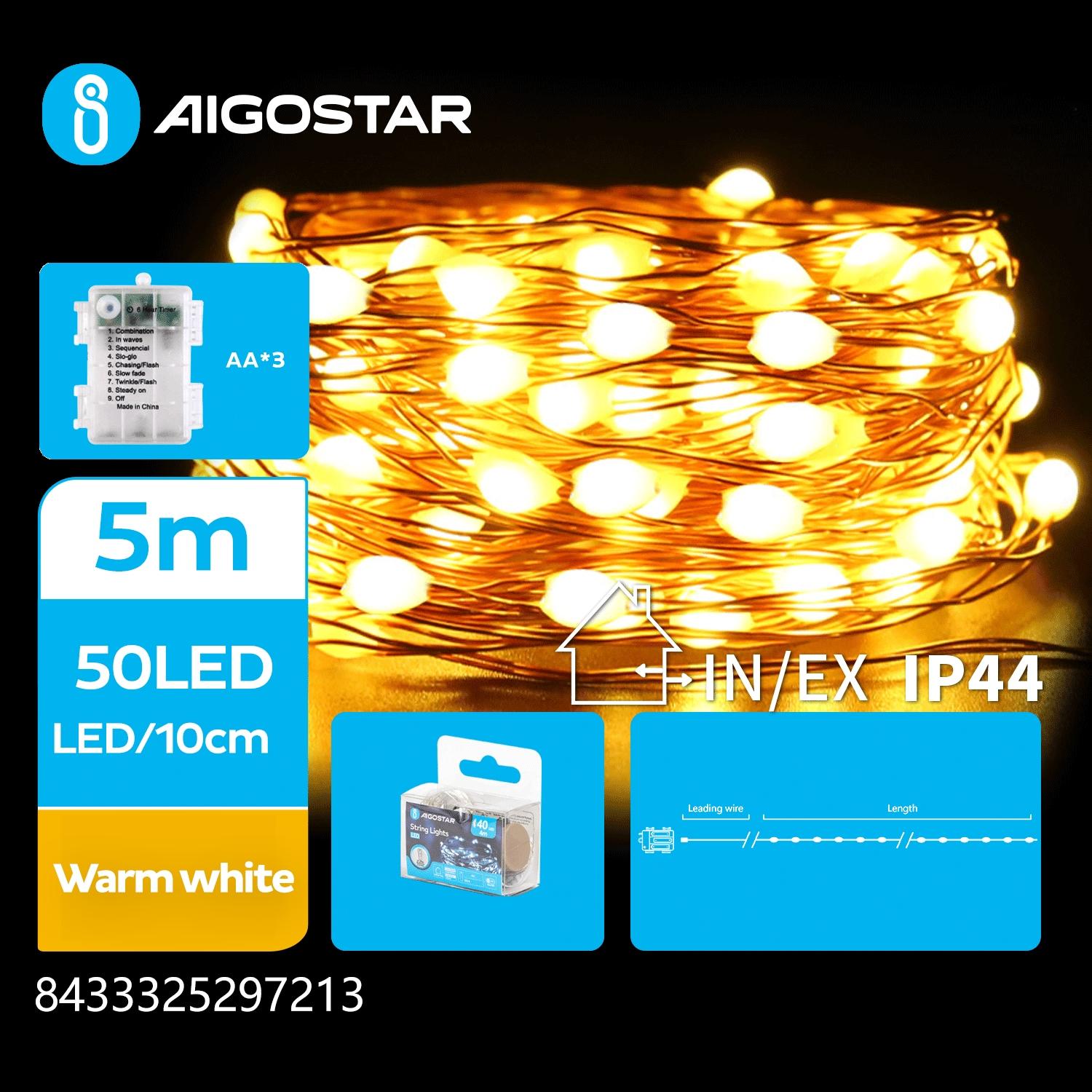 3AA battery copper wire string lights, warm white, 5m