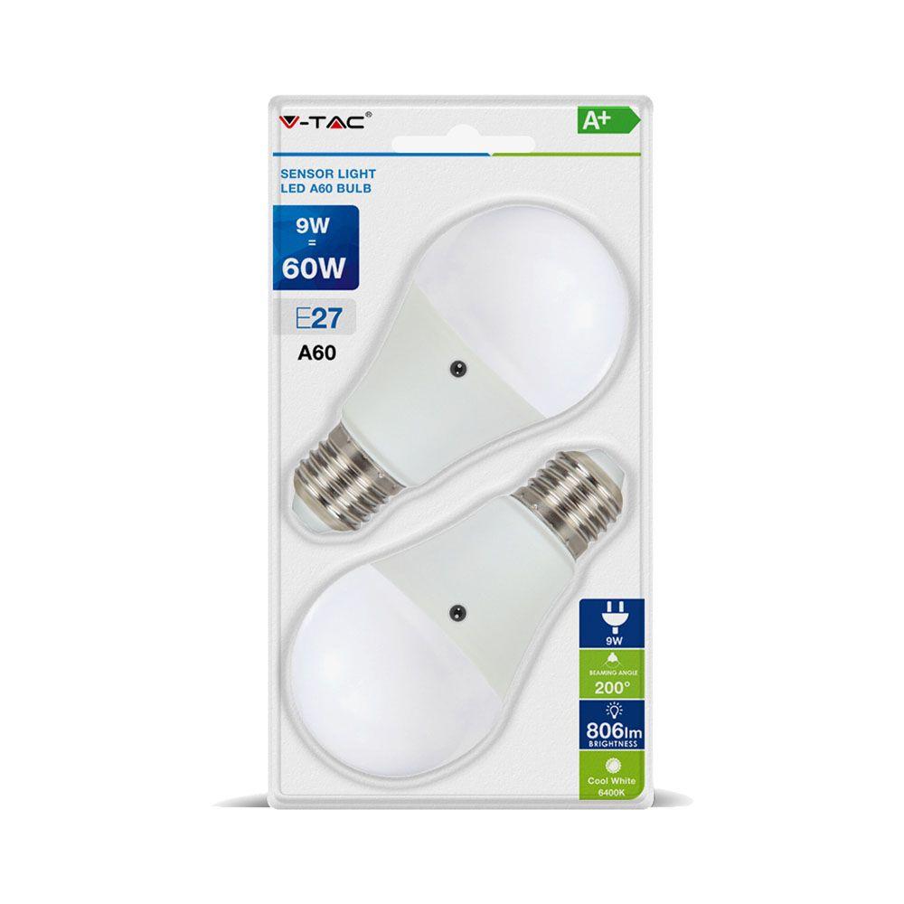 9W A60 LED PLASTIC Czujnik ruchu Żarówka LED, Barwa:2700K, Blister 2 szt., Trzonek E27, VTAC, SKU 7285