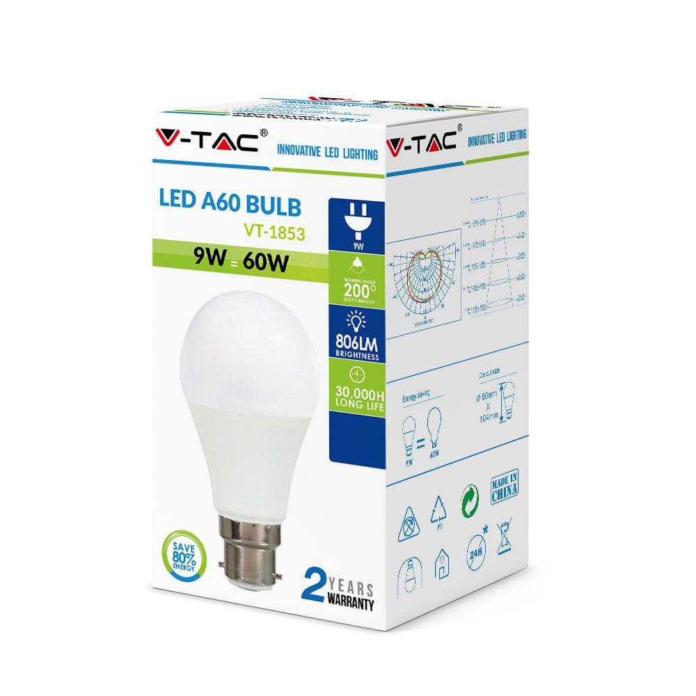 9W A60 Żarówka LED, Barwa:6400K, Trzonek:B22, VTAC, SKU 7403