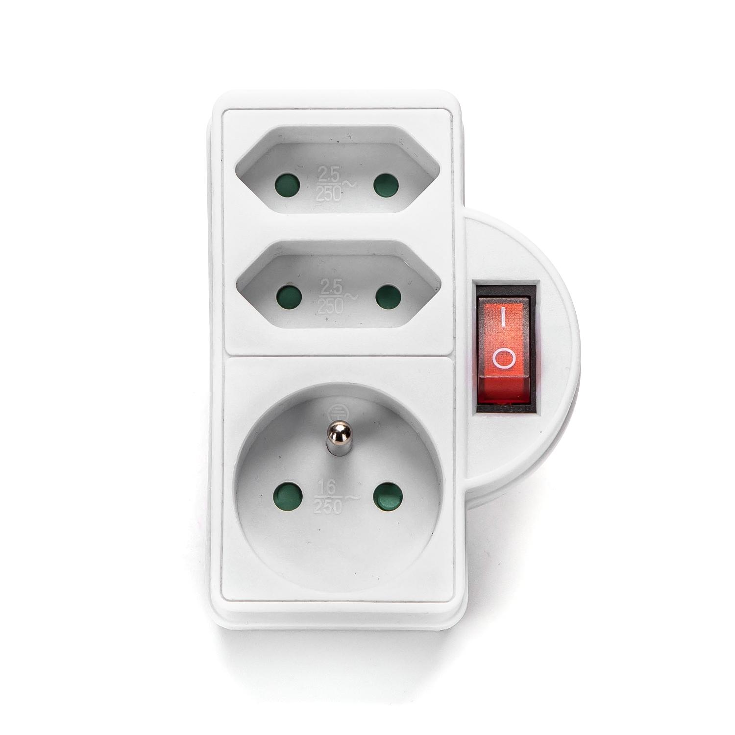 French 3-Way Adaptor (With Switch) 2*16A+1*2.5A White