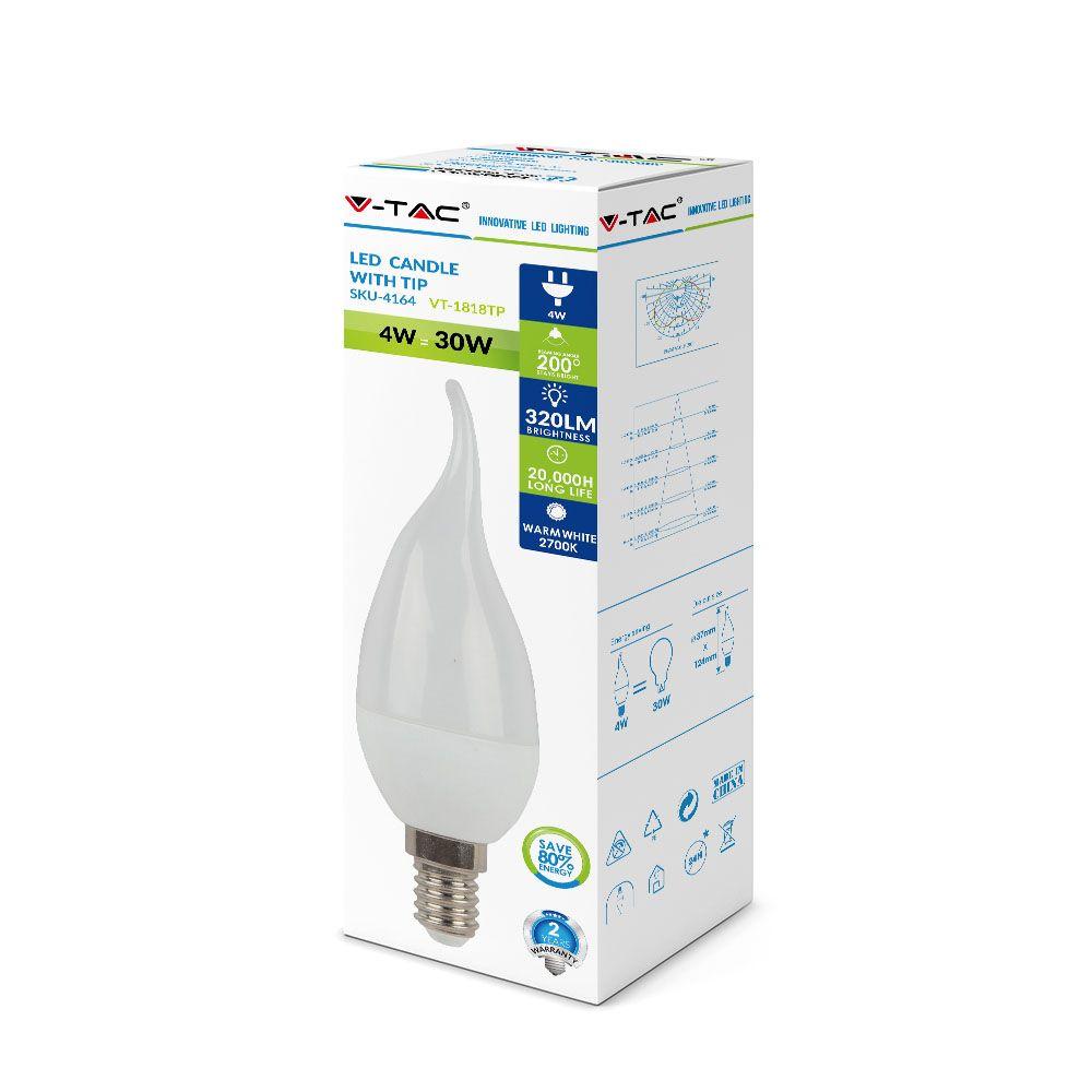 4W F37 Żarówka LED, Barwa:6400K, Trzonek:E14, Klosz Mleczny płomyk, VTAC, SKU 4354