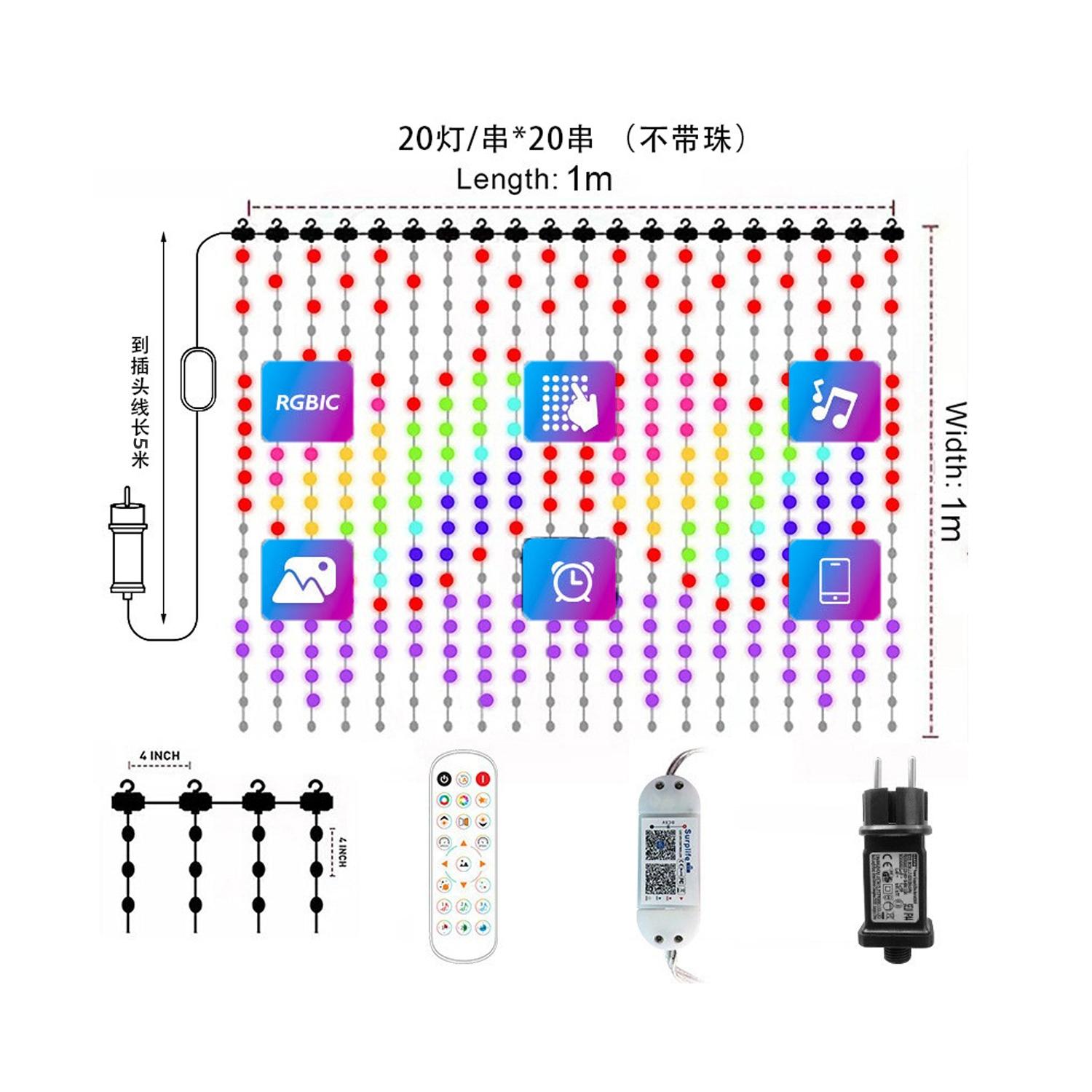 Smart curtain String Lights-5+2*2M curtain-RGBIC-400LED-transparent wire-with remote control IP44