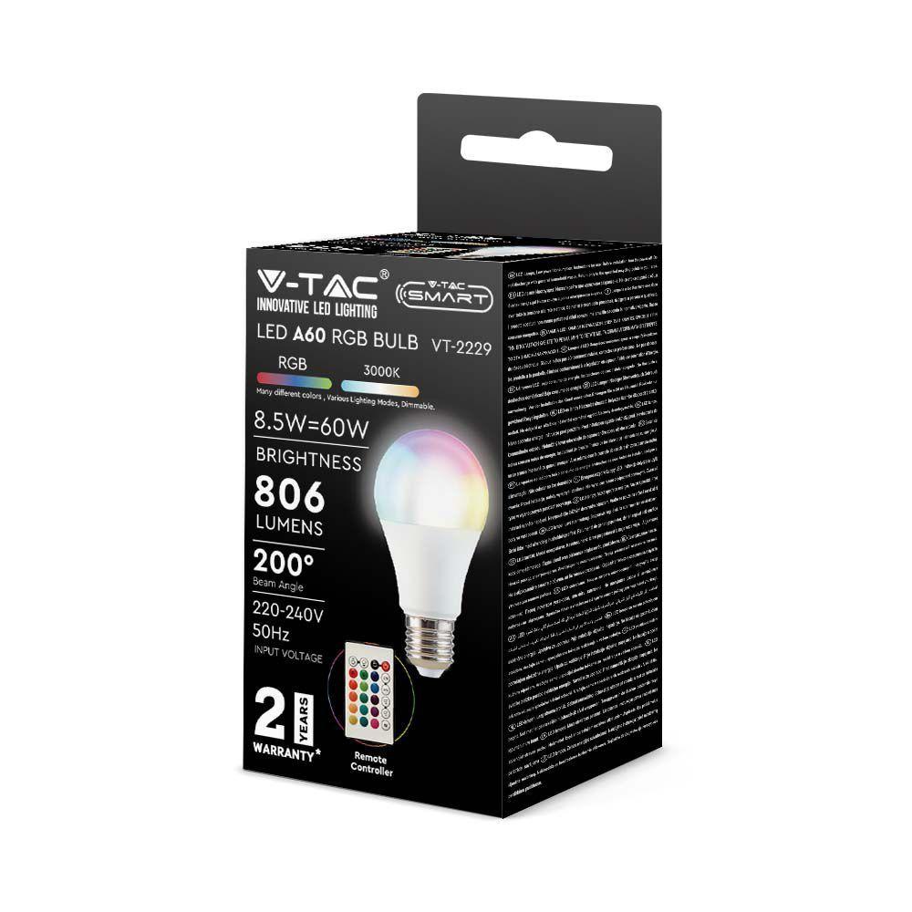 8.5W A60 Żarówka LED sterowana pilotem, Barwa:RGB+3000K, Trzonek:E27, VTAC, SKU 2925