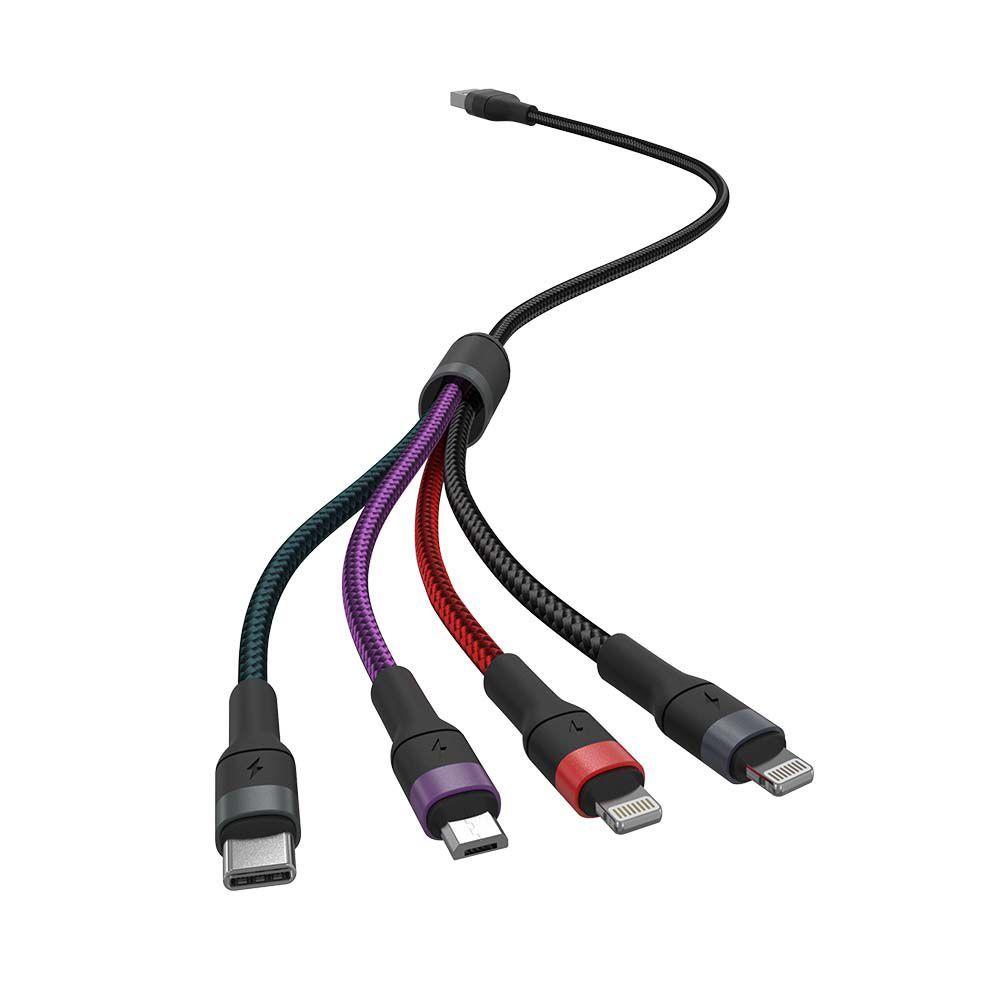 Przewód USB z adapterem 3w1 typ: C, Micro, Lightning, Fast Charging, 1.2m, Czarny, VTAC, SKU 7748