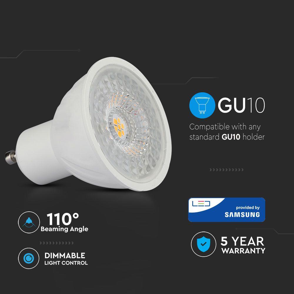 6.5W GU10 Żarówka LED, Chip SAMSUNG, Barwa:3000K, Kąt 110', Ściemniana, Trzonek:GU10, VTAC, SKU 198