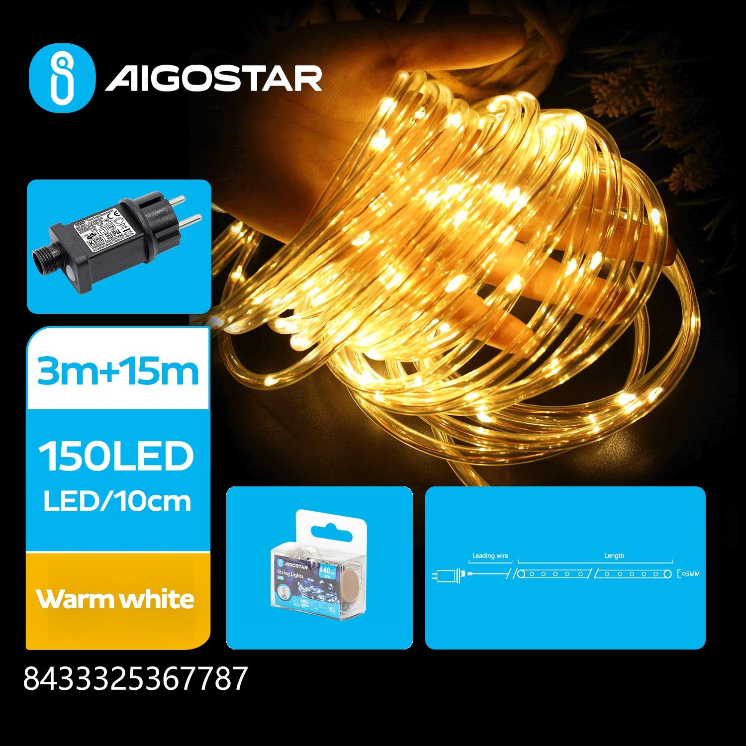 Low-voltage light string, Φ9mm tube lights, warm white, 3m+15m