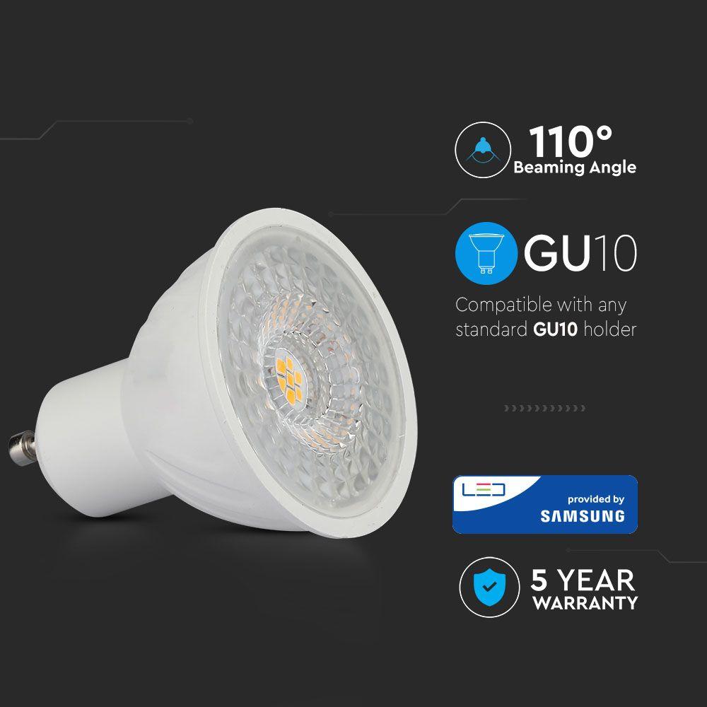 6.5W GU10 Żarówka LED, Chip SAMSUNG, Barwa:3000K, Kąt 110', Trzonek:GU10, VTAC, SKU 192