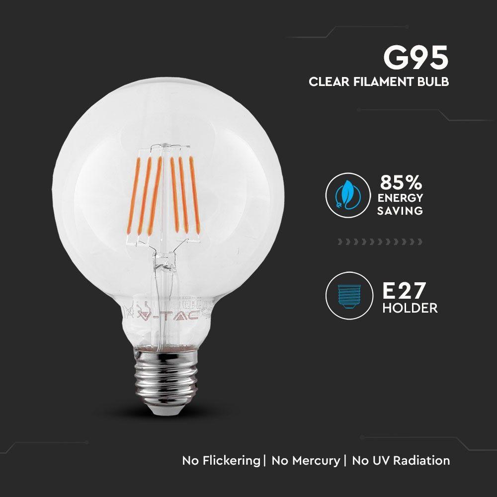 6W G95 Żarówka LED Filament, Chip SAMSUNG, Barwa:2700K, Trzonek:E27, VTAC, SKU 294