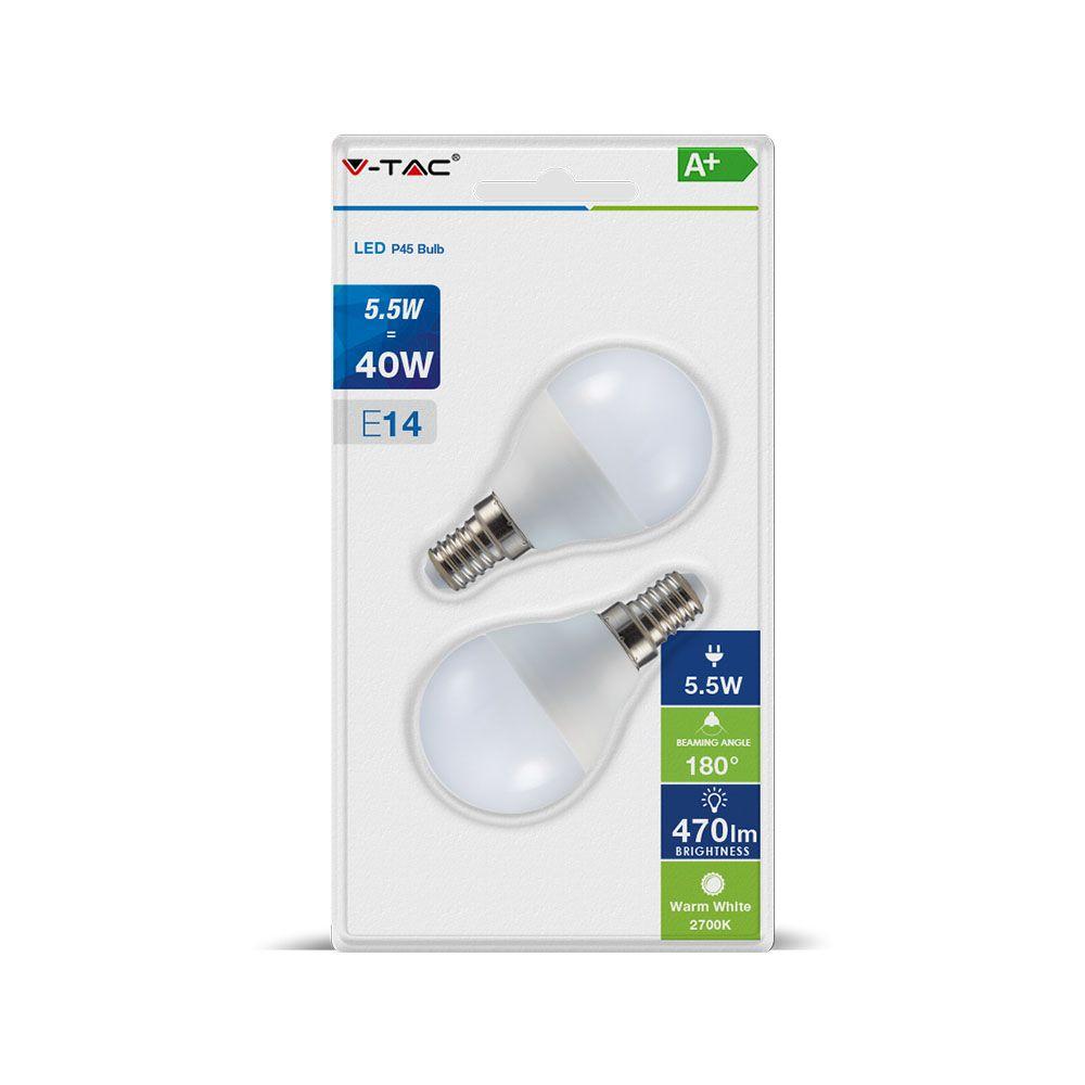 VT-2146 5.5W P45 PLASTIC BULBS 2700K E14 2PC BLISTER PACK