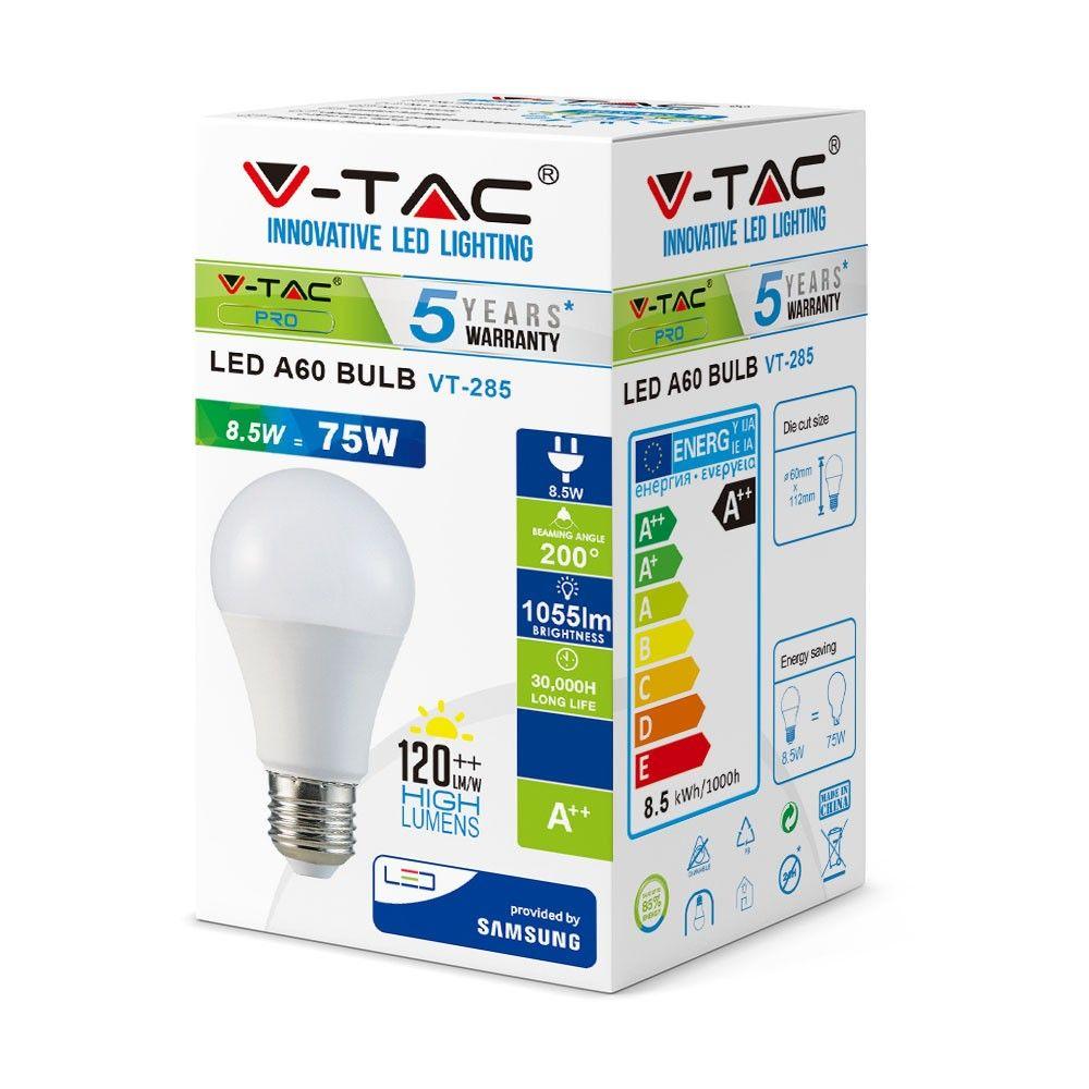 VT-285 8.5W A60 PLASTIC BULB SAMSUNG CHIP 3000K E27 A++