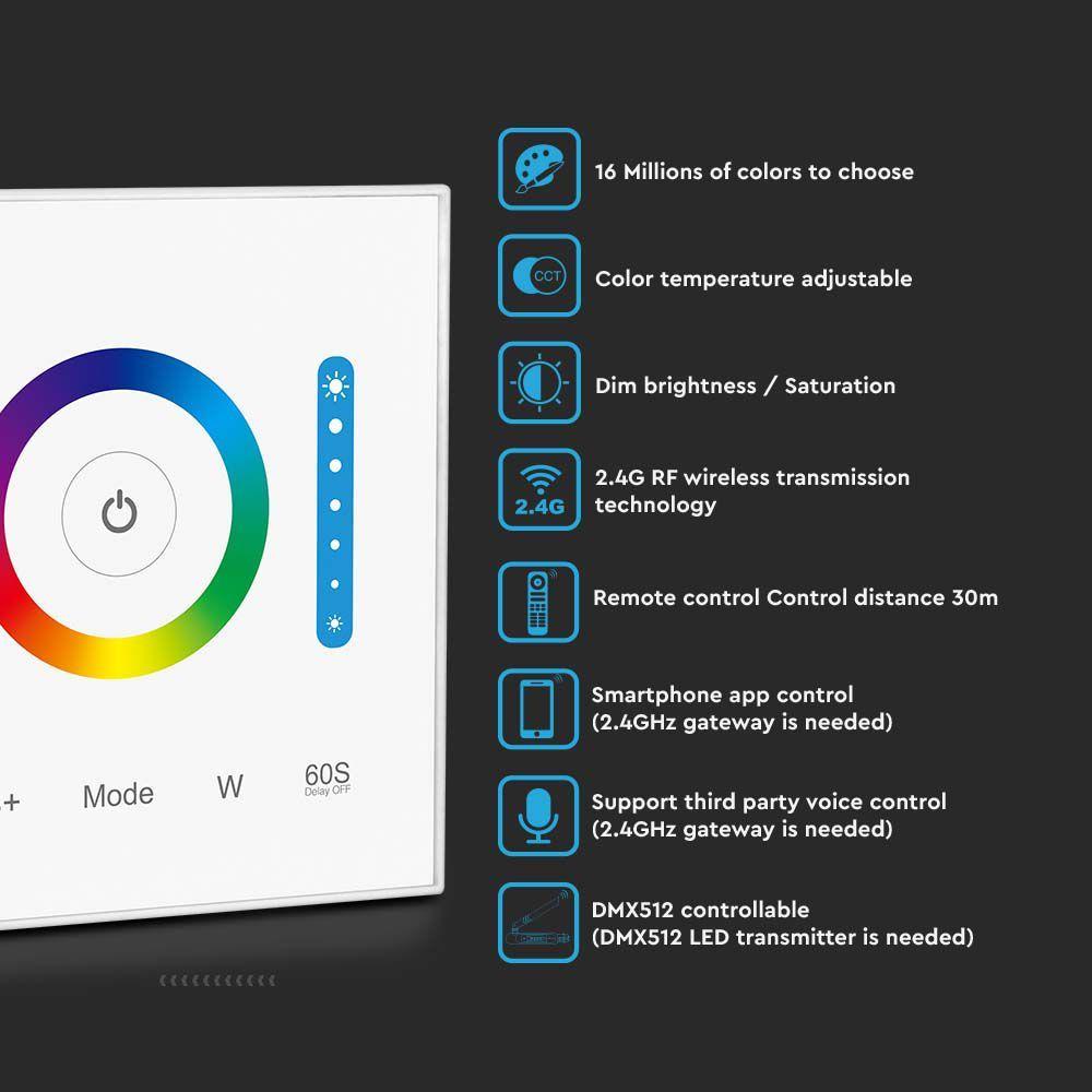 Naścienny sterownik WiFi do paska LED CCT, RGB, RGB+W, Obudowa: Biała, VTAC, SKU 2915