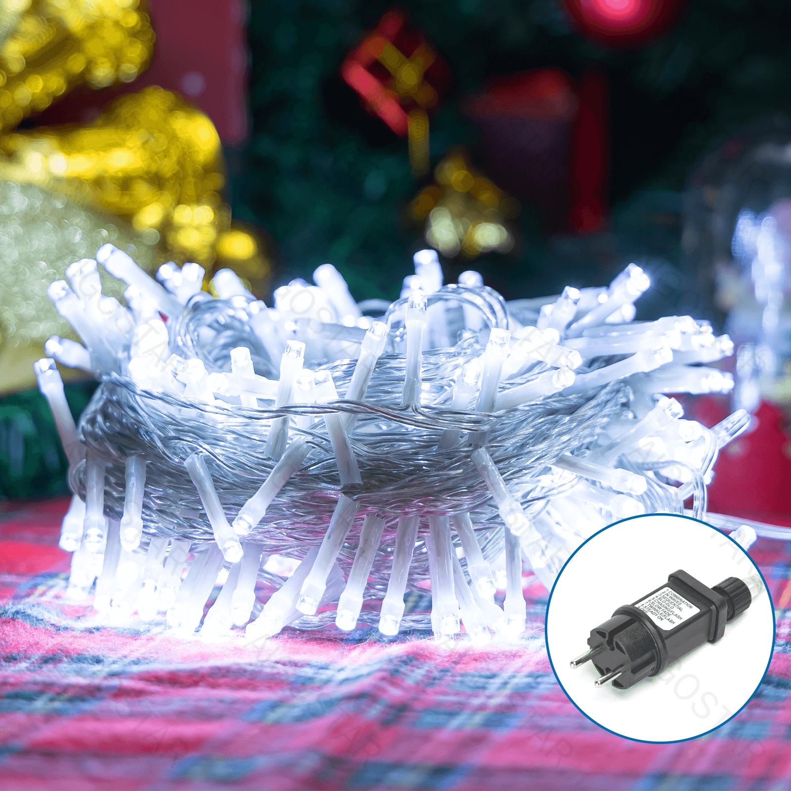 Low Voltage Flat String Lights-Cool White-3M+10M-100LED-10CM/LED-transparent wire-8blink+time+IP44