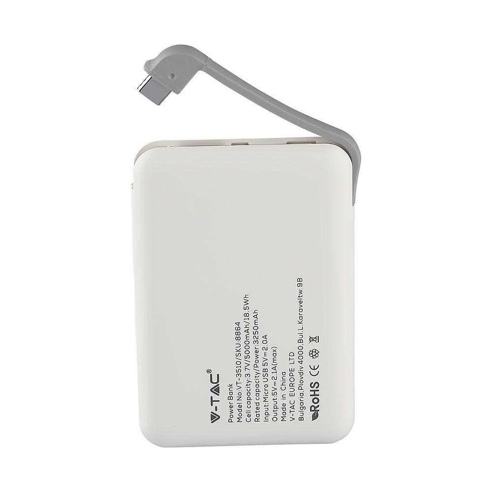 Power Bank z przyłączem Mikro USB, Litowo Polimerowy - 3.7V, 5000mAh, Biały, VTAC, SKU 8864