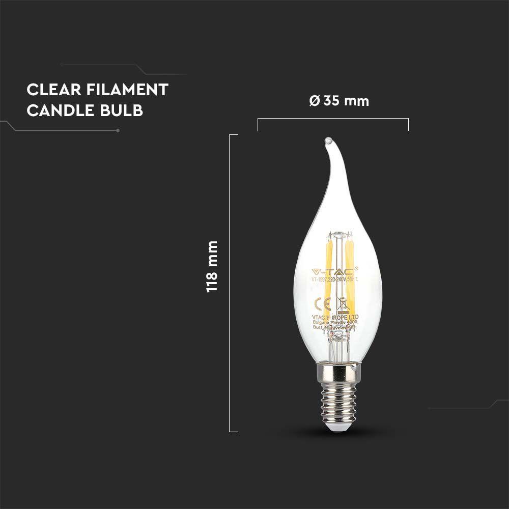 4W CF37 Żarówka LED Filament, Klosz Transparentny, Barwa:3000K, Trzonek:E14, VTAC, SKU 214302