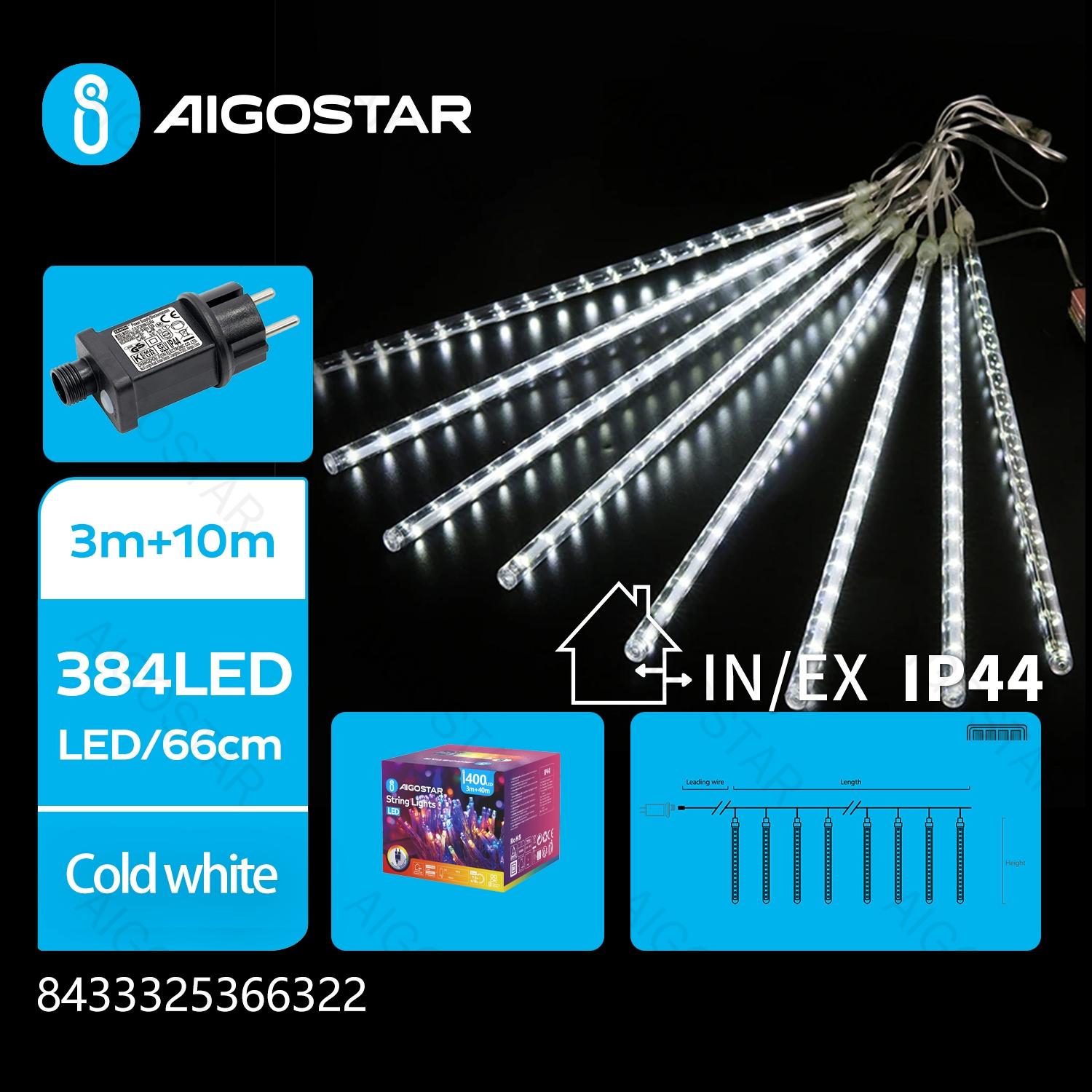 Low Voltage Meteor Shower String Lights 30cm-Cool White-3M+10M-384LED-16strings-transparent wire-Time+IP44