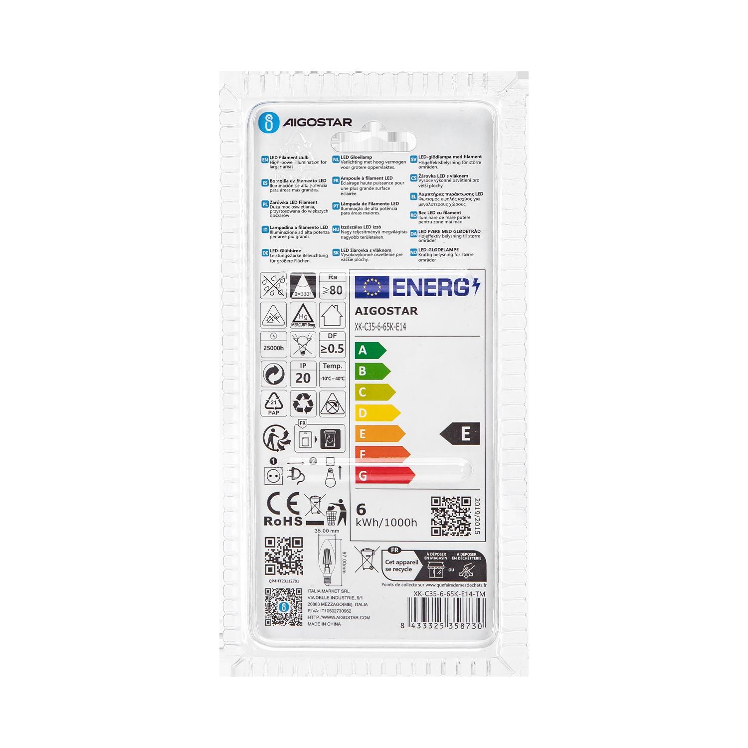 LED Filament Bulb (Clear) C35 E14 6W