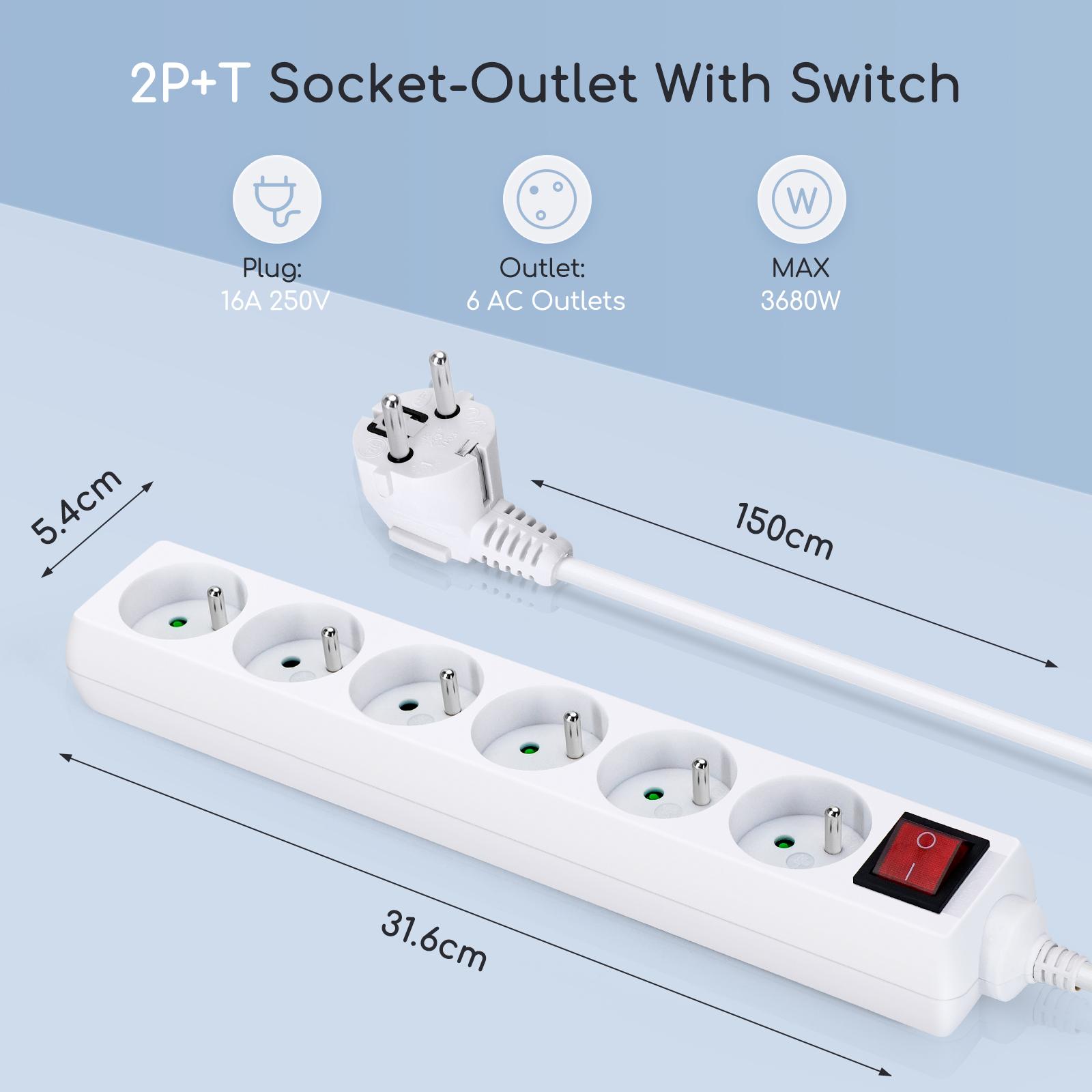 Power strips 6-way 1.5m H05VV-F 3G1.0m㎡ White